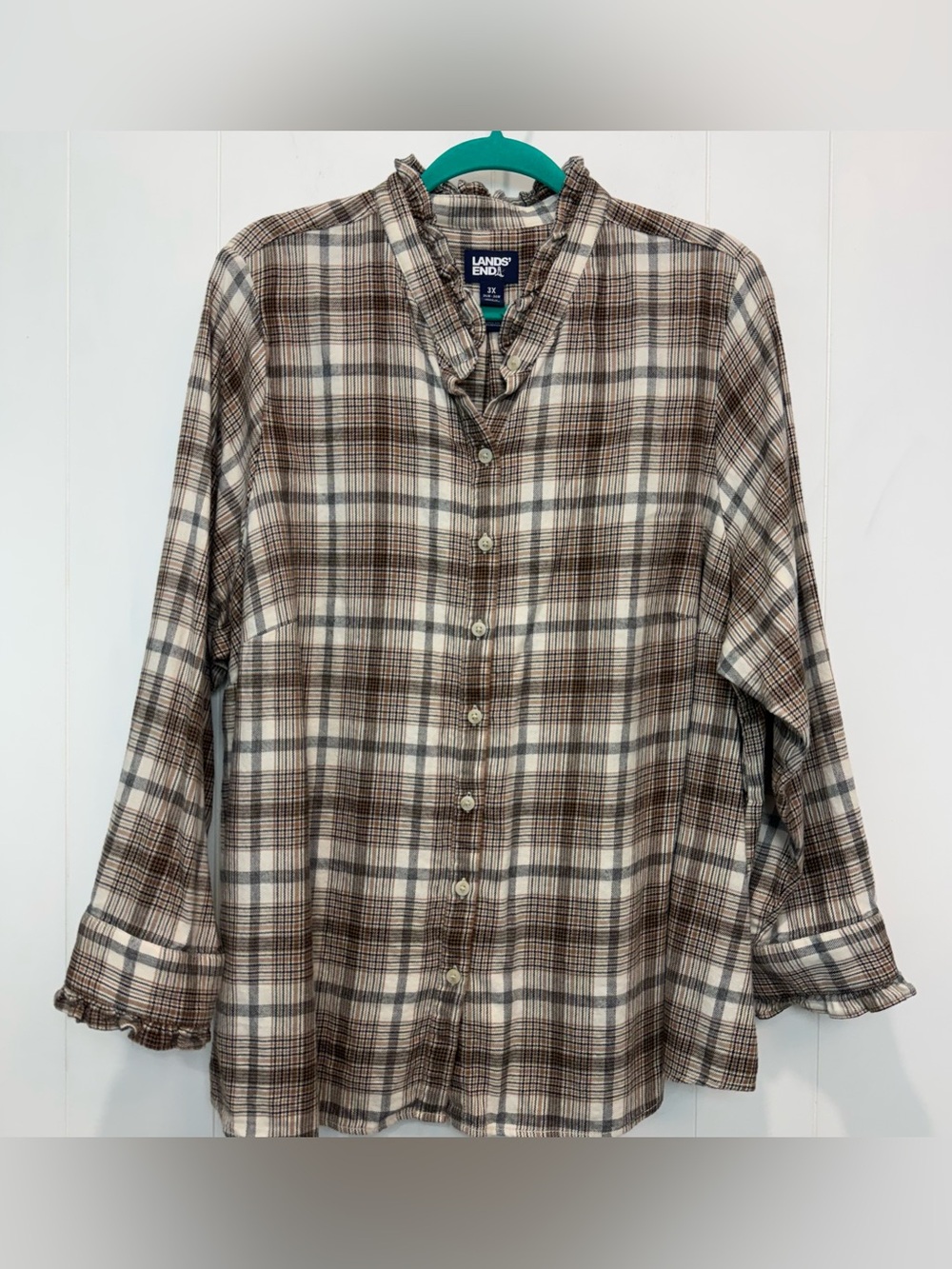 Land's End Brown and Black Plaid Ruffle Sleeve Cotton Flannel Button Down Blouse